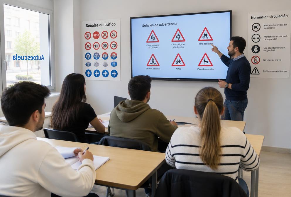 Clase teórica de autoescuela con señales de tráfico en pantalla